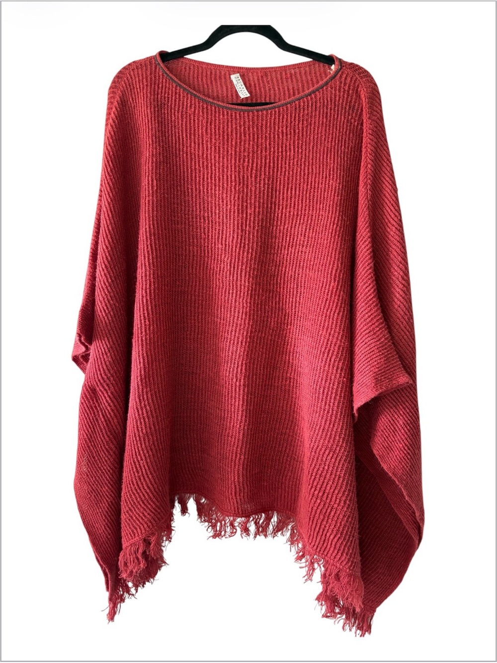Brunello Cucinelli 100% Hemp Knit Poncho With Fringed Hem Lightweight Fall